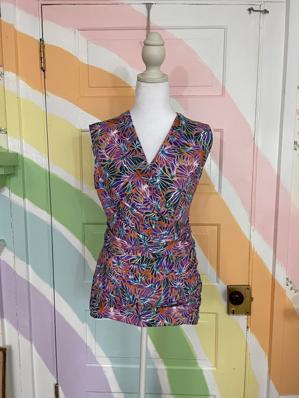 Peruvian Connection Flore Faux Wrap Blouse Sleeveless Top Sz M 💛🎀